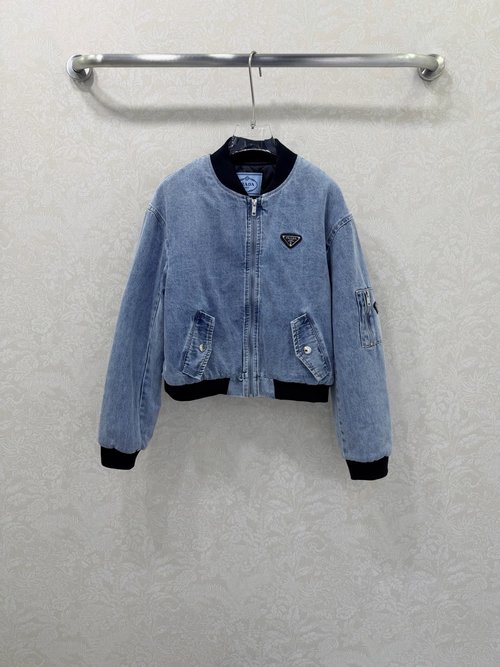 Prada Denim Patchwork Baseball Jacket with Metal Logo, Evoking Vintage Charm
