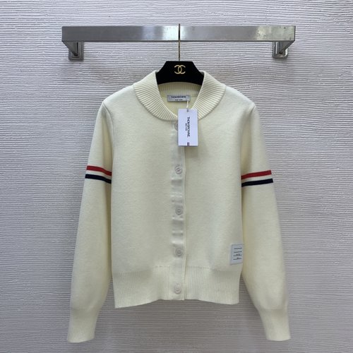 Thom Browne Apricot, Navy, Grey Knit Open Cardigan with Contrast Binding
