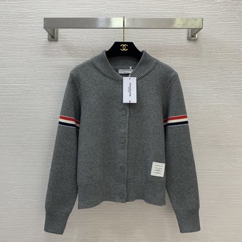 Thom Browne Apricot, Navy, Grey Knit Open Cardigan with Contrast Binding