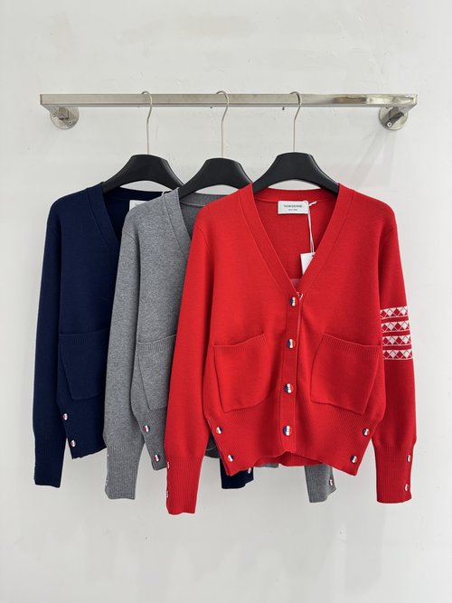 Thom Browne V-Neck Knit Cardigan with Colorful Button Geometric Jacquard