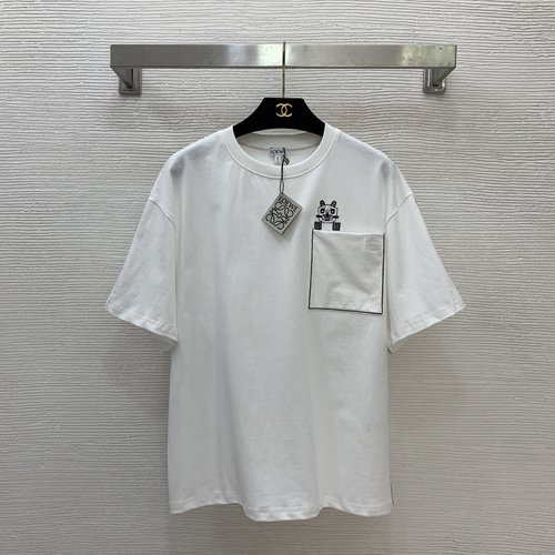 Loewe Cat Embroidery Logo Round Neck Short Sleeve T-Shirt with Contrast Edges