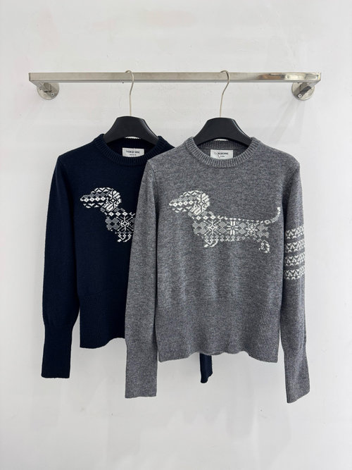 Thom Browne Playful Dog Jacquard Knit Sweater with Striped Sleeves