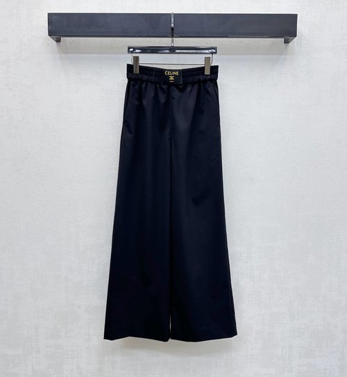 Celine Wide - Leg Wool Trousers with Leather Logo for a Stylish Appearance