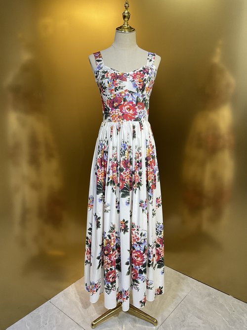 Dolce & Gabbana White Background Big Flower Cotton Sling Swing Dress
