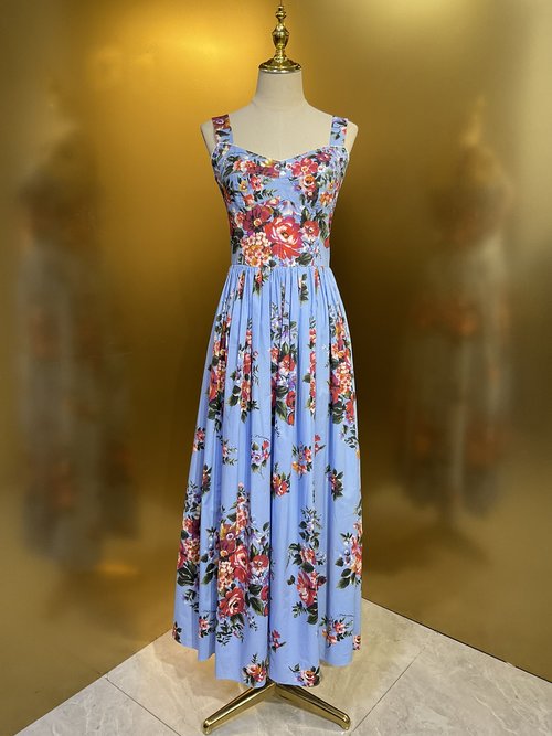 Dolce & Gabbana Blue Background Big Flower Cotton Sling Swing Dress