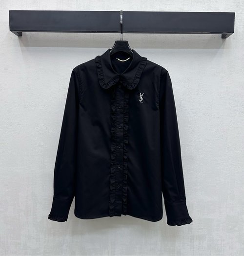 Yves Saint Laurent Ruffled Collar Cotton Shirt with Embroidered Logo: Distinguished Look