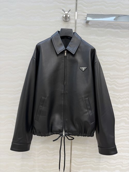 Prada Sophisticated Leather Collar Swing Jacket