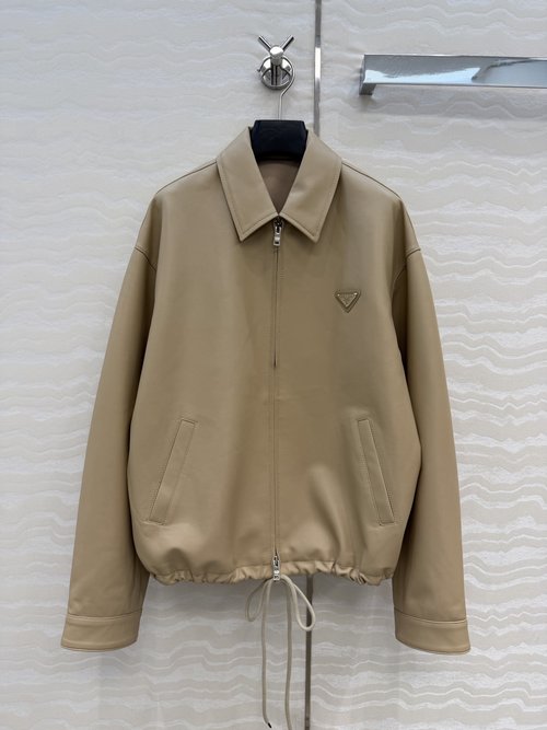 Prada Sophisticated Leather Collar Swing Jacket Refined