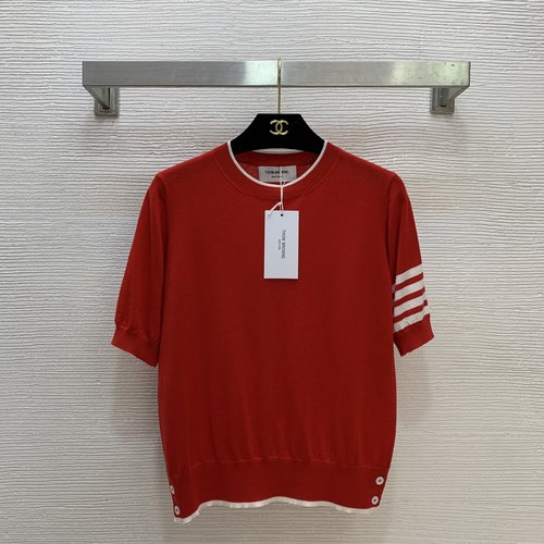Thom Browne Red Round Neck Short Sleeve Knit Top with Sleeve Patch