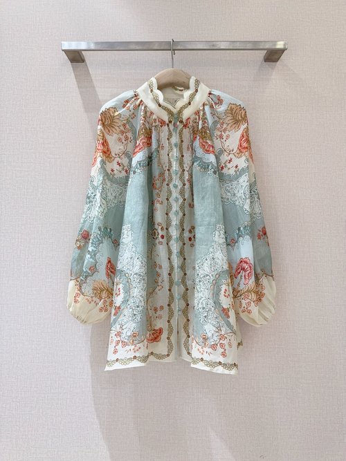 Zimmermann Stand Collar Floral Ramie Shirt with Button Details