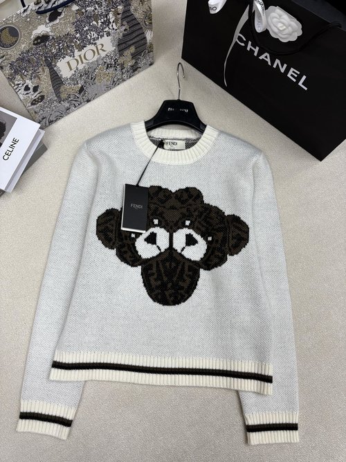 Fendi Round Neck Knit Pullover with Double F Logo & Bear Embroidered, Trendy