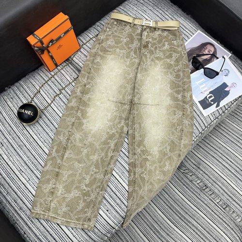 Hermes Stylish Jacquard Denim Wide-Leg Pants with Leather Belt
