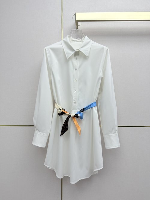 Celine Button-Down Shirt Dress with Arc de Triomphe Embroidery and Belt