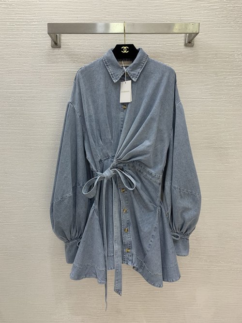 Zimmermann Customized Denim Dress with Ruffled Tie-Dyed Lantern Sleeves