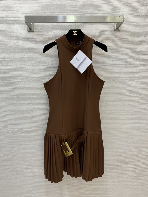 Balmain Sleeveless Collared Dress with Gold Buckle & Pleats