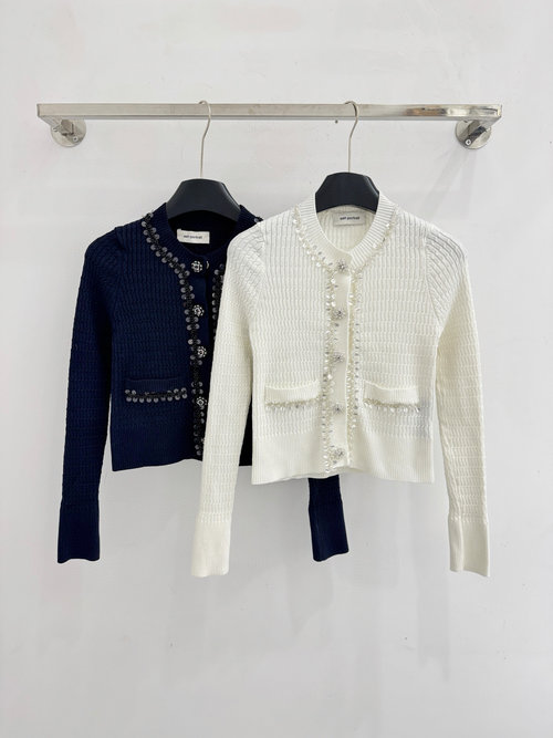 Self-Portrai Simple Knit with Sparkling Neckline in Dark Blue and White Hues