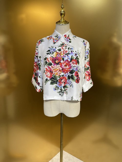 Celine White Background Big Flower Silk Twill Short Sleeve Shirt