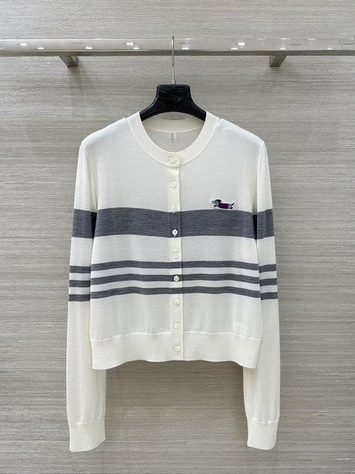 Thom Browne Exclusive Silk-Wool Cardigan with Puppy Embro and Webbing