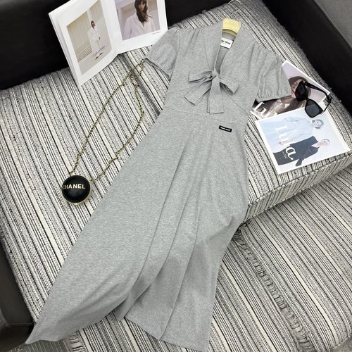 Miu Miu Gray Tie-Bow Dress, Soft Cotton for Various Occasions