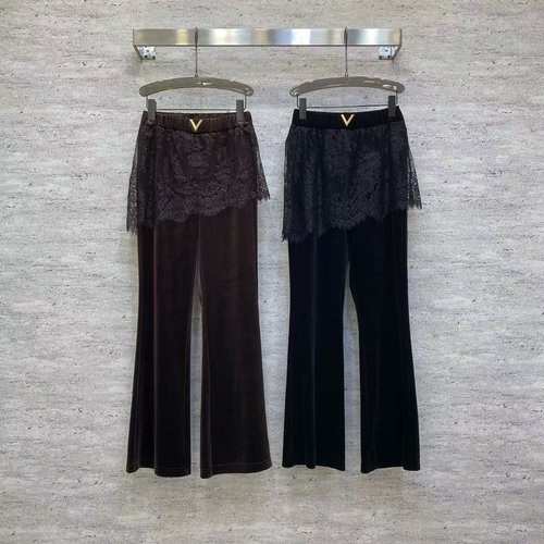 Valentino Graceful Velvet Flare Pants with Lace & Metal V Detail