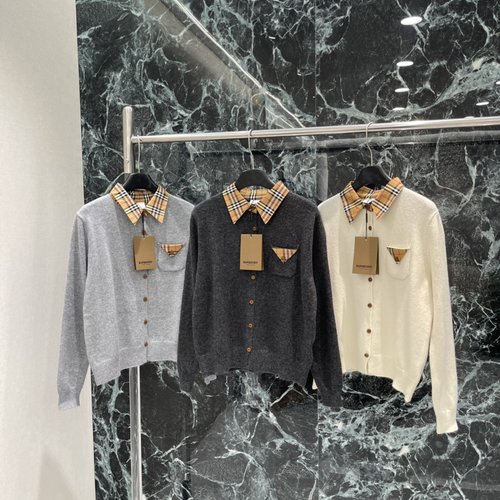 Burberry Checkered Knit Cardigan with Shirt Collar