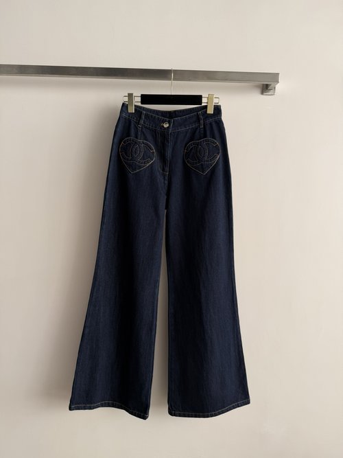 Chanel Trendy Denim Flare Pants with Heart Embellishment