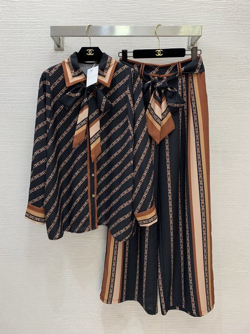 Zimmermann Chain Print Two-piece Set: Apricot and Black Shirt & Wide-leg Pants