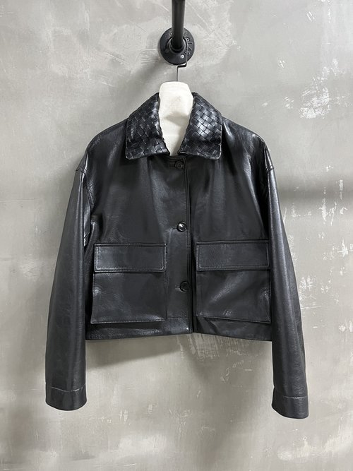 Bottega Veneta Sophisticated Goat Oil Wax Leather Denim Jacket