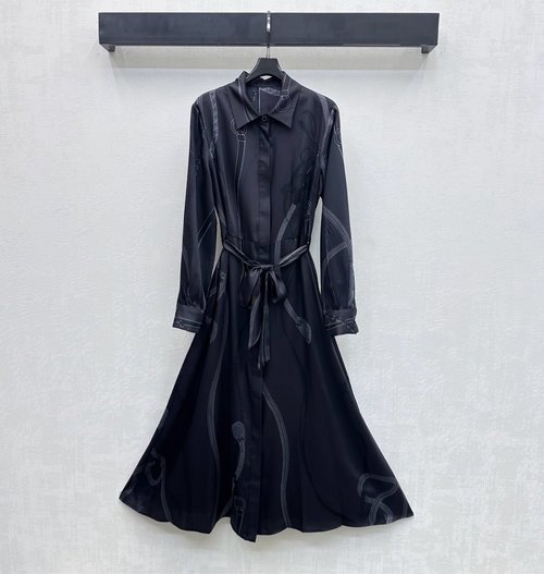 Hermes Silk Printed Belted Lined Dress, Elegant for Vacation