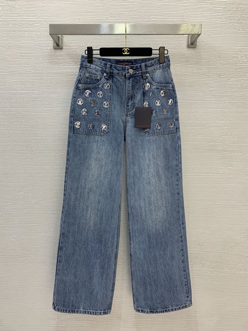 Louis Vuitton Custom Logo Embroidered Fashion Jeans with Hardware