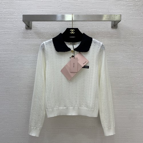 Miu Miu Timeless Long-Sleeved Knit Top with Letter Logo Buttons and Contrast Collar in Neutral Tones