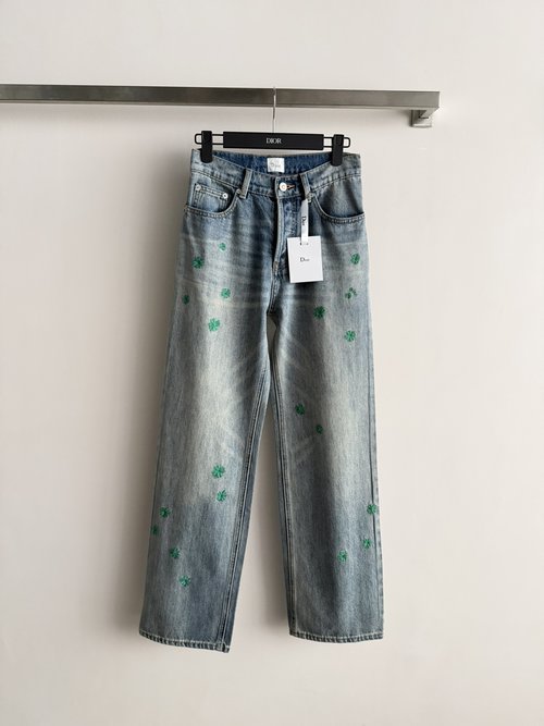 Dior High-Waisted Straight-Leg Jeans with Clover Embroidery