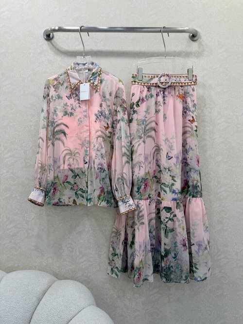 Zimmermann Printed and Rhinestone Embellished Shirt and Skirt Set