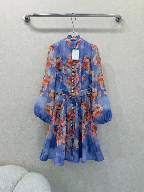 Zimmermann Stand Collar Short Dress with Puff Sleeves and Buttons