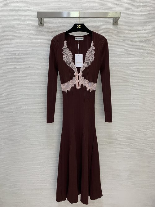 Self-Portrai Lace-Trimmed Slim-Fit Long Knit Dress