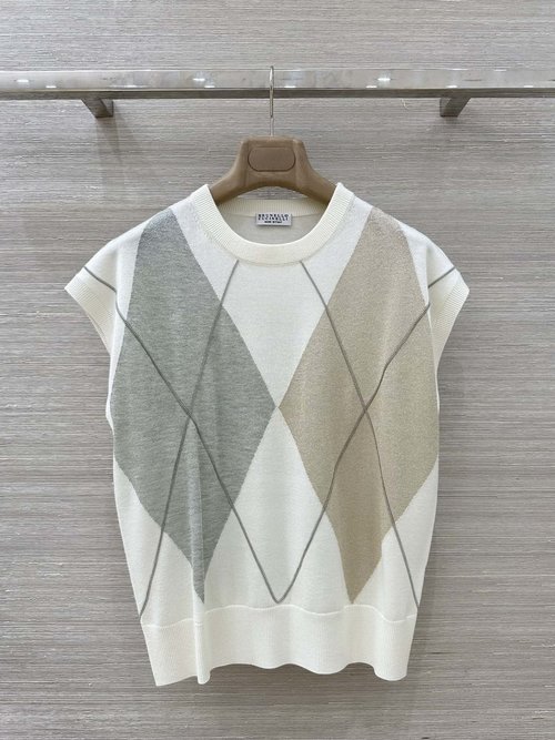 Brunello Cucinelli Jacquard Top: Contrast Color with Copper Chain Sophistication