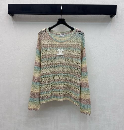 Chanel Hollow Color-blocked Knit Top with White Double C Emblem