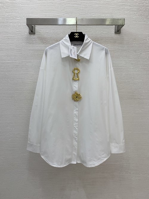 Schiaparelli Cotton Shirt with Detachable Gold Pin and Loose Fit