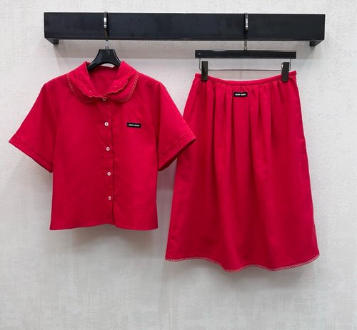 Miu Miu Lace Short - Sleeve Shirt and Skirt Set, Sweet