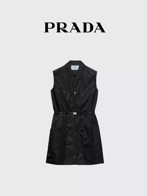 Prada Sleeveless Collared Dress with Logo Hardware and Belt