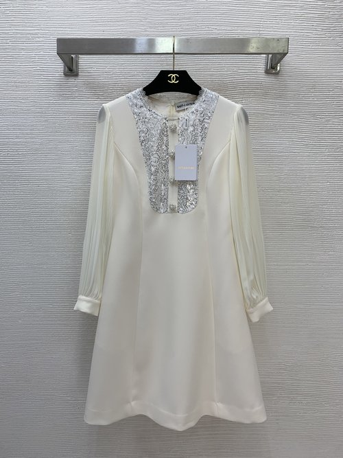 Prada Luxurious Sequin-Embroidered Long-Sleeved Dress in Black & Apricot