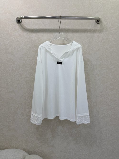 Miu Miu Lace V-Neck Hooded Long Sleeve Top, Breathable Cotton