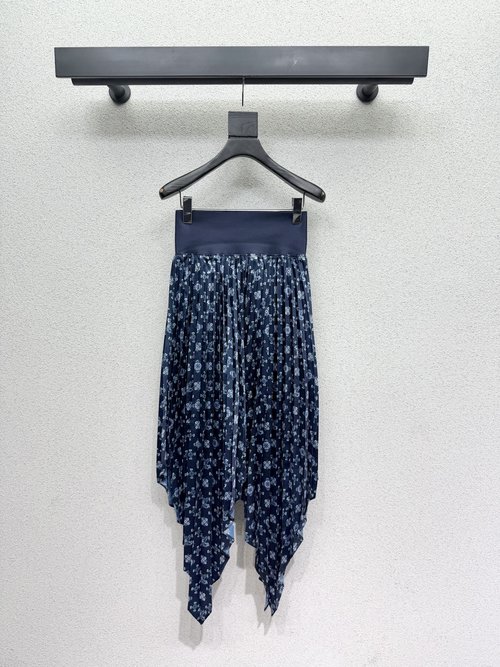 Louis Vuitton Elegant Navy Blue Floral Irregular Pleated Skirt