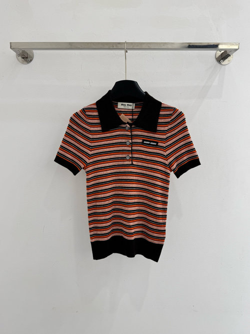 Miu Miu Half-open Chest Striped Knitted Top with Color-block Design