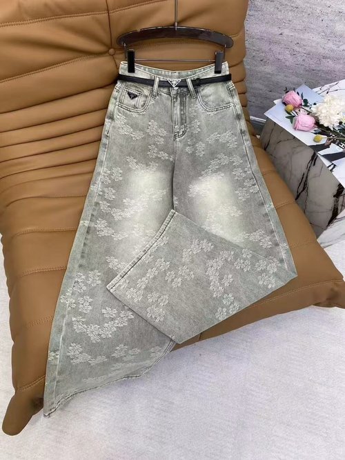 Prada Vintage Floral Printed High-waisted Wide-leg Jeans