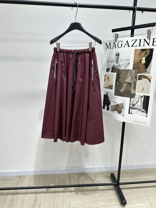 Miu Miu Wine Red Drawstring A - Line Midi Skirt with Zipper Pockets