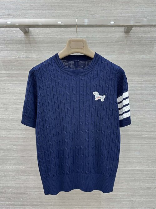 Thom Browne Exclusive Silk-Wool Short Sleeve Top with Dog Embroidery, Sophisticated and Stylish