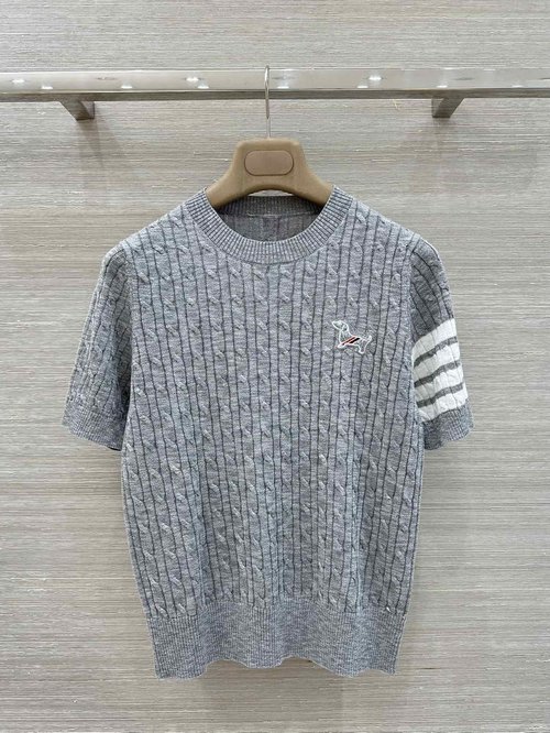 Thom Browne Exclusive Silk-Wool Short Sleeve Top with Dog Embroidery, Chic and Comfortable