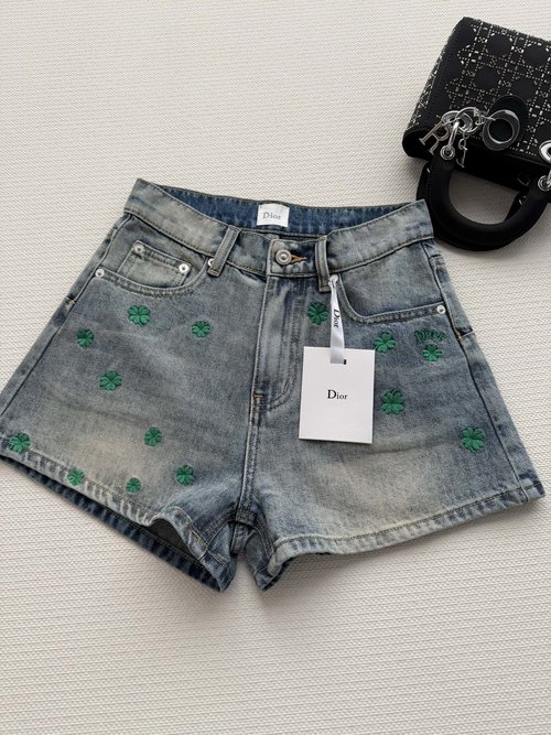 Dior Quirky Four-Leaf Clover Denim Shorts for Daily Use