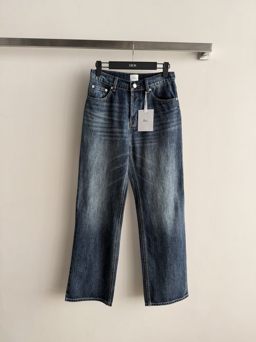 Dior High-Quality Dark Blue Straight-Leg Jeans